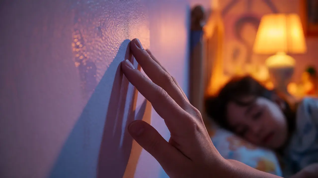 Detail bezpečné matné barvy na zdi s dítětem spícím v pozadí