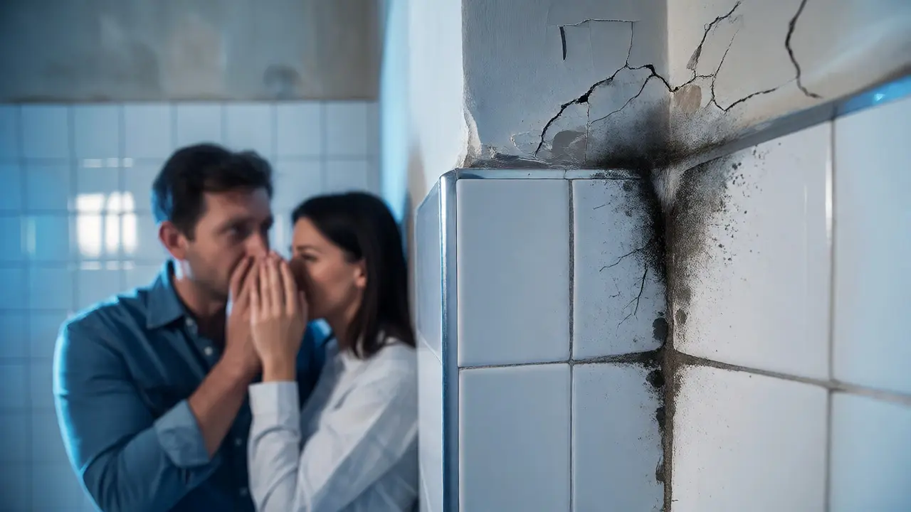 Detail plísně a prasklin v koupelně při technické kontrole bytu.