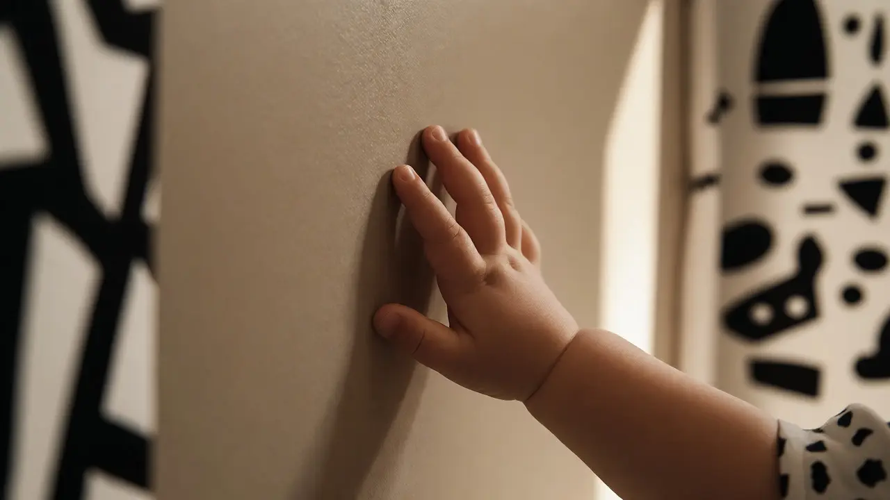 Detail stěny v zemitém odstínu s kontrastními prvky pro batole