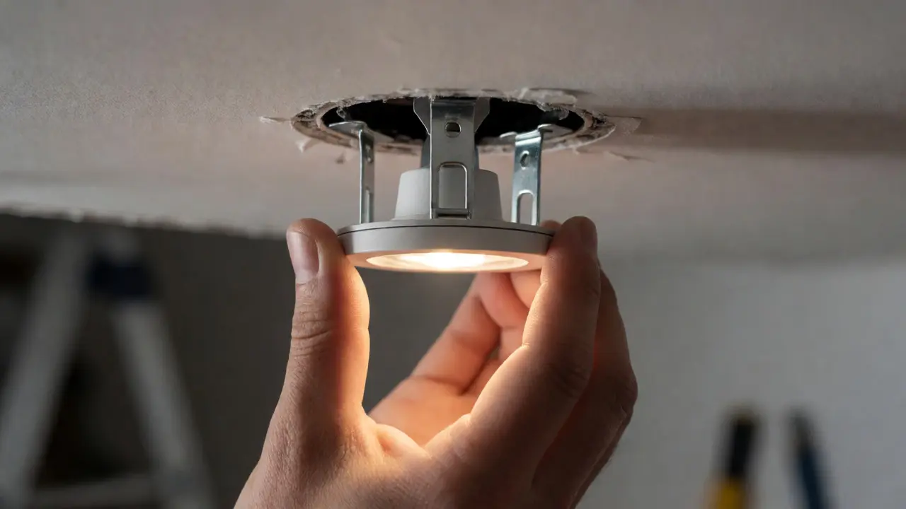 Detailní pohled na instalaci vestavěného LED spotu do sádrokartonového stropu