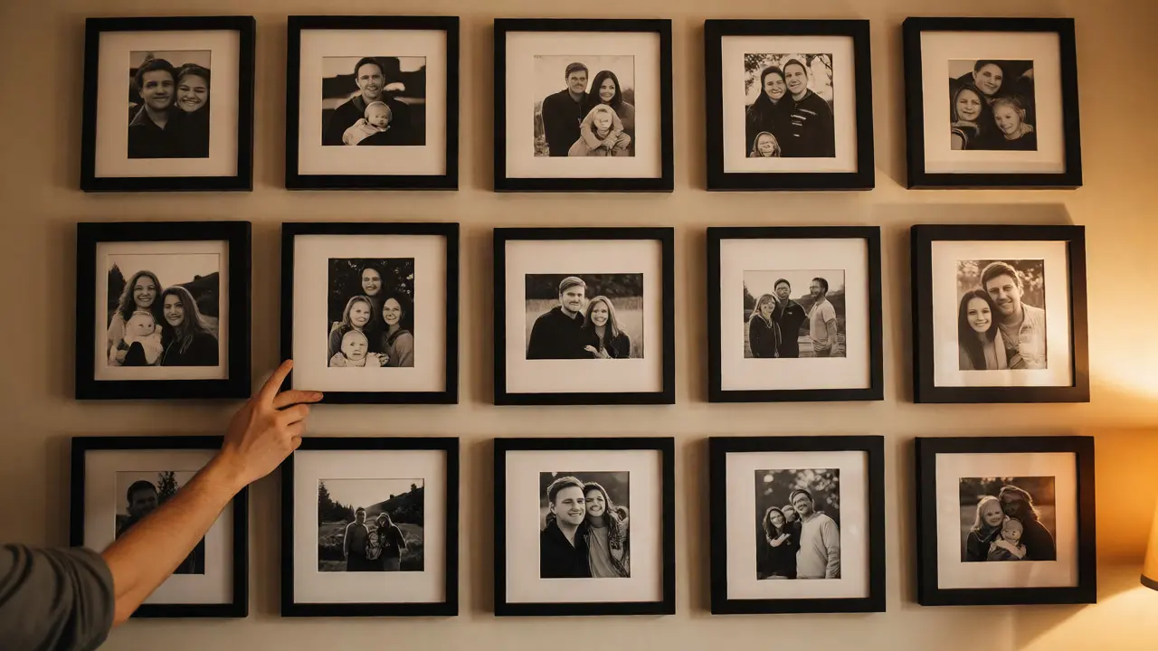 Galerijní stěna s rodinnými fotografiemi v jednotných rámech