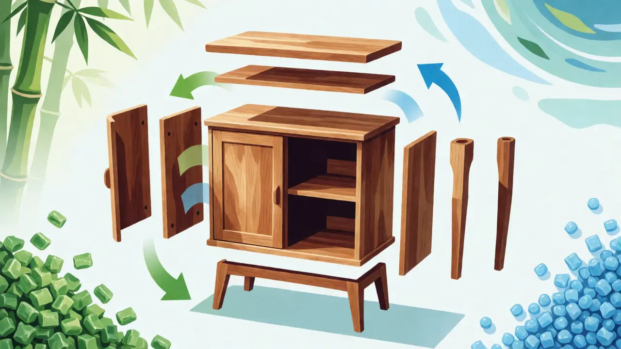 Ilustrace rozebraného nábytku znázorňující cirkulární ekonomiku