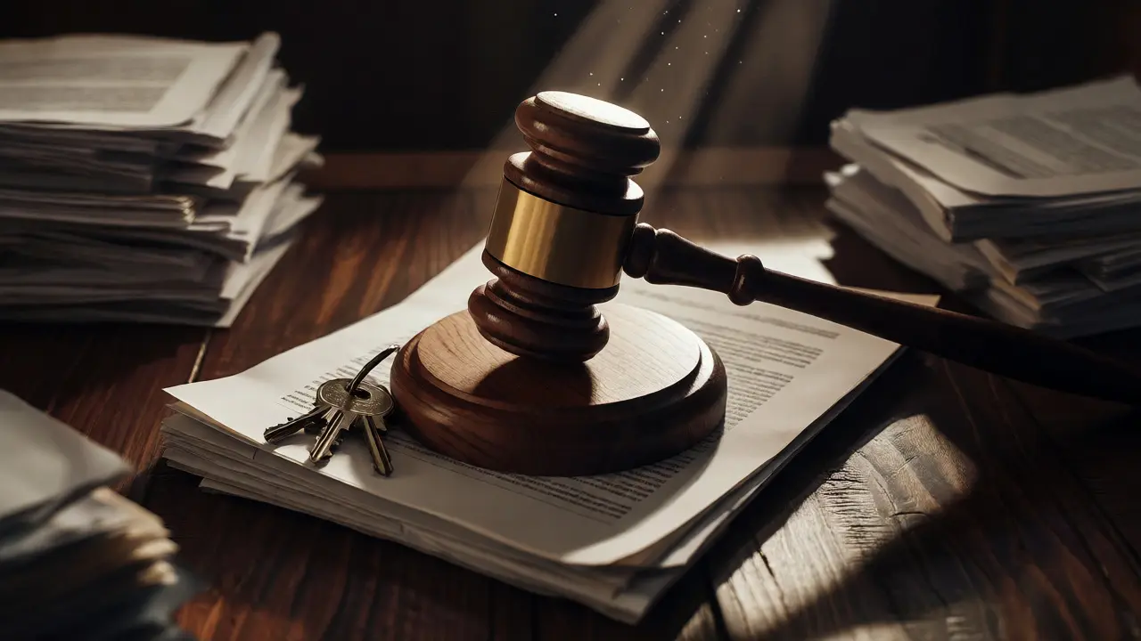 Kladivo a dokumenty na stole symbolizující soudní prodej