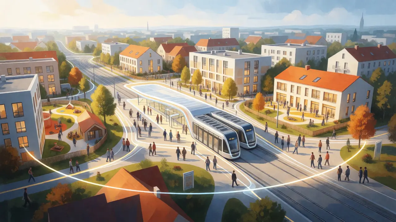 Koncept transit-oriented developmentu s tramvají a komunitními službami
