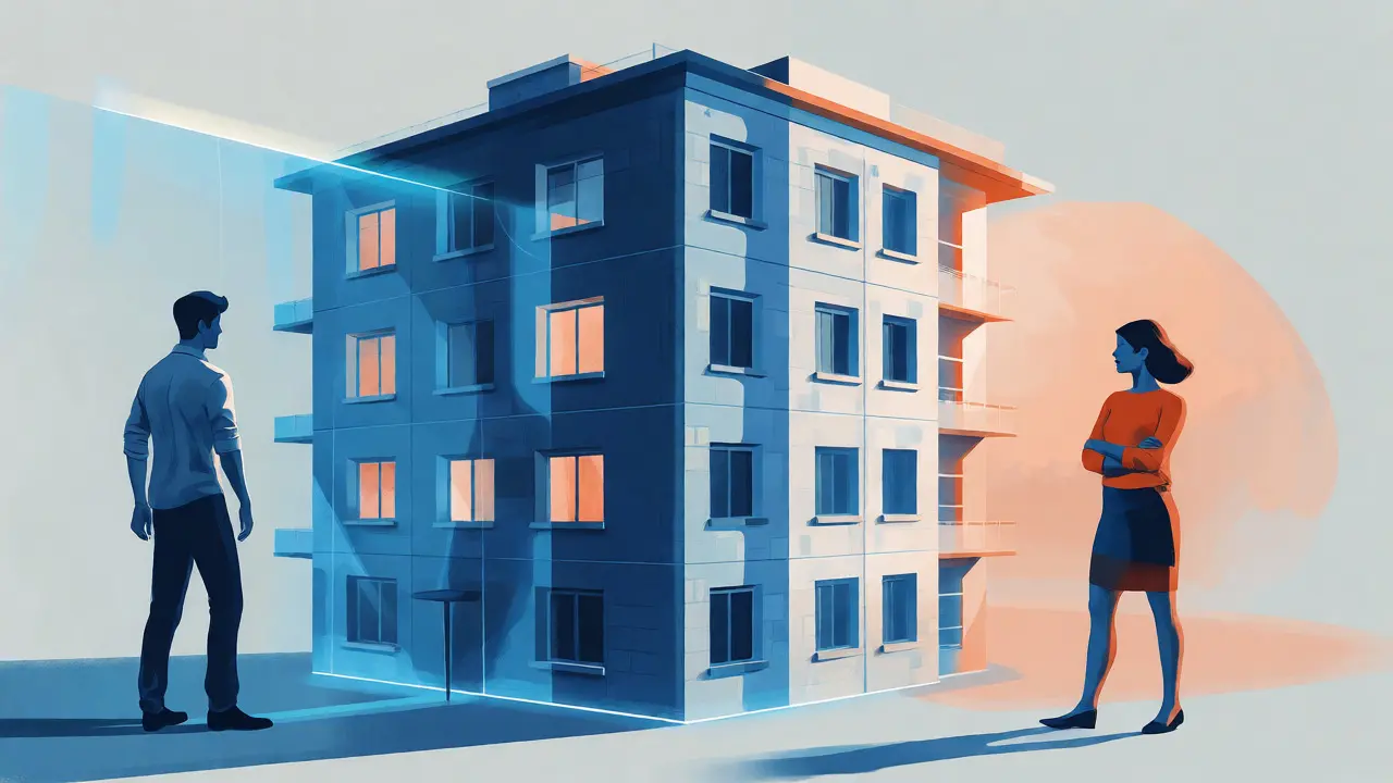 Konceptuální ilustrace rozděleného domu znázorňující neshodu manželů při prodeji.