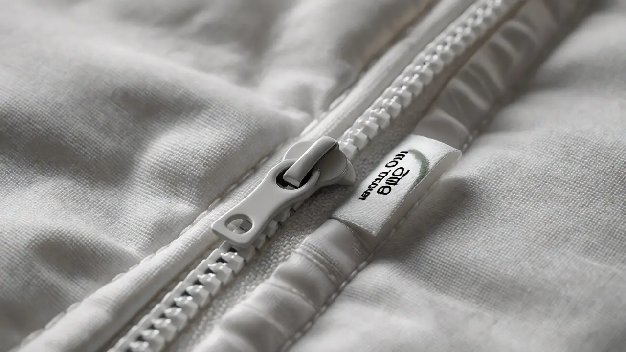 Makro pohled na kvalitní zip a certifikát OEKO-TEX na švu ložního prádla