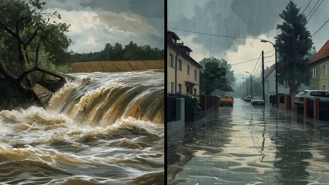 Rozdělený obraz srovnávající rozlitou řeku (povodeň) a zaplavenou ulici (záplava).