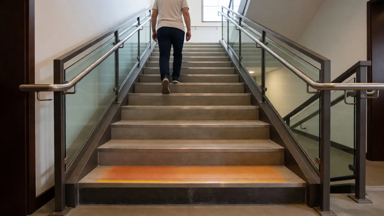 Schodiště s kontrastním stupněm a ergonomickým madlem