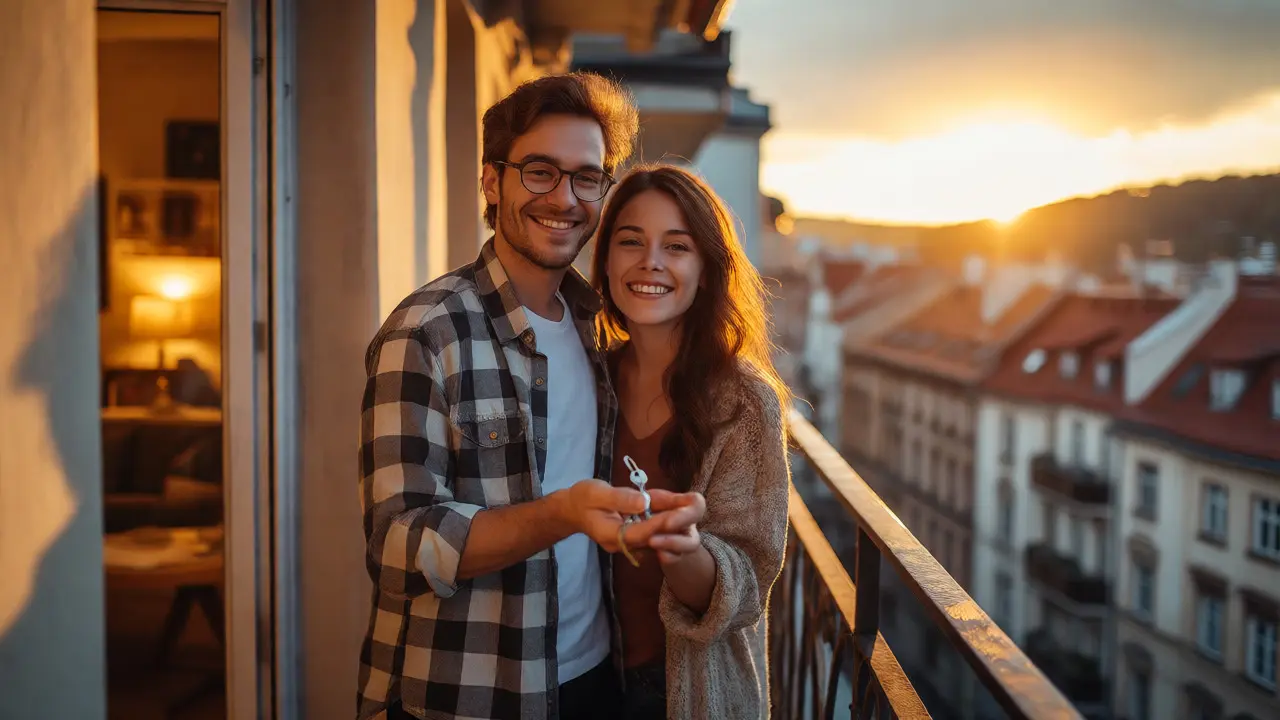Šťastný pár drží klíče od nového bytu na balkóně při západu slunce