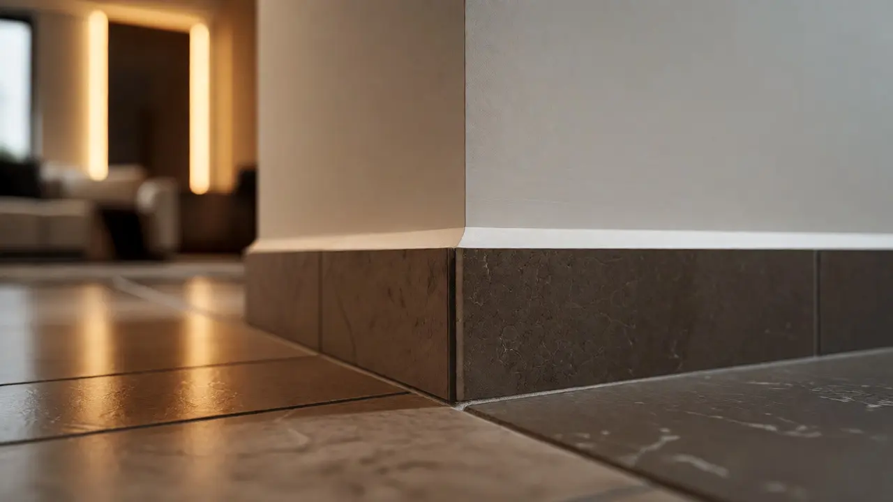 Detail dokončeného spoje dlažby a stěny po realizaci