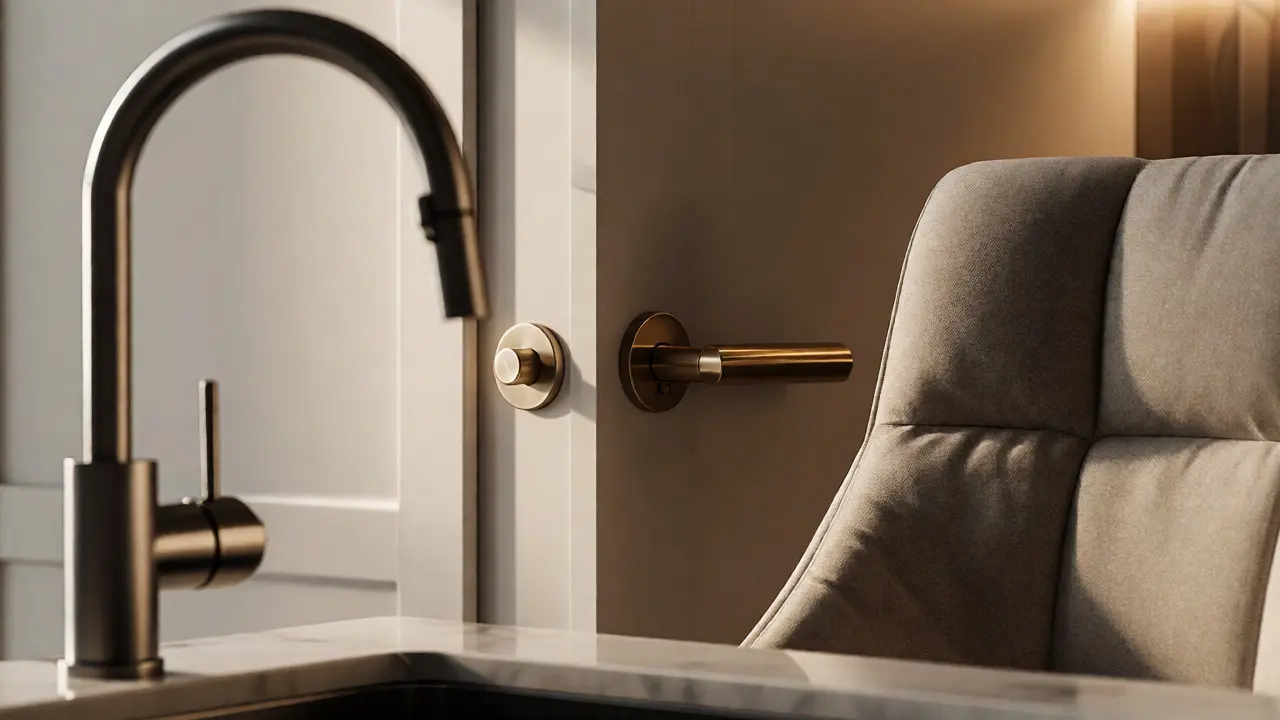 Detail kvalitního kuchyňského baterie a ergonomického křesla