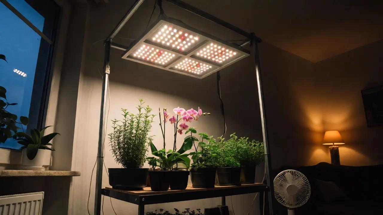 Domácí zahradnický kout s rozkvětlými rostlinami pod visícím LED panelem
