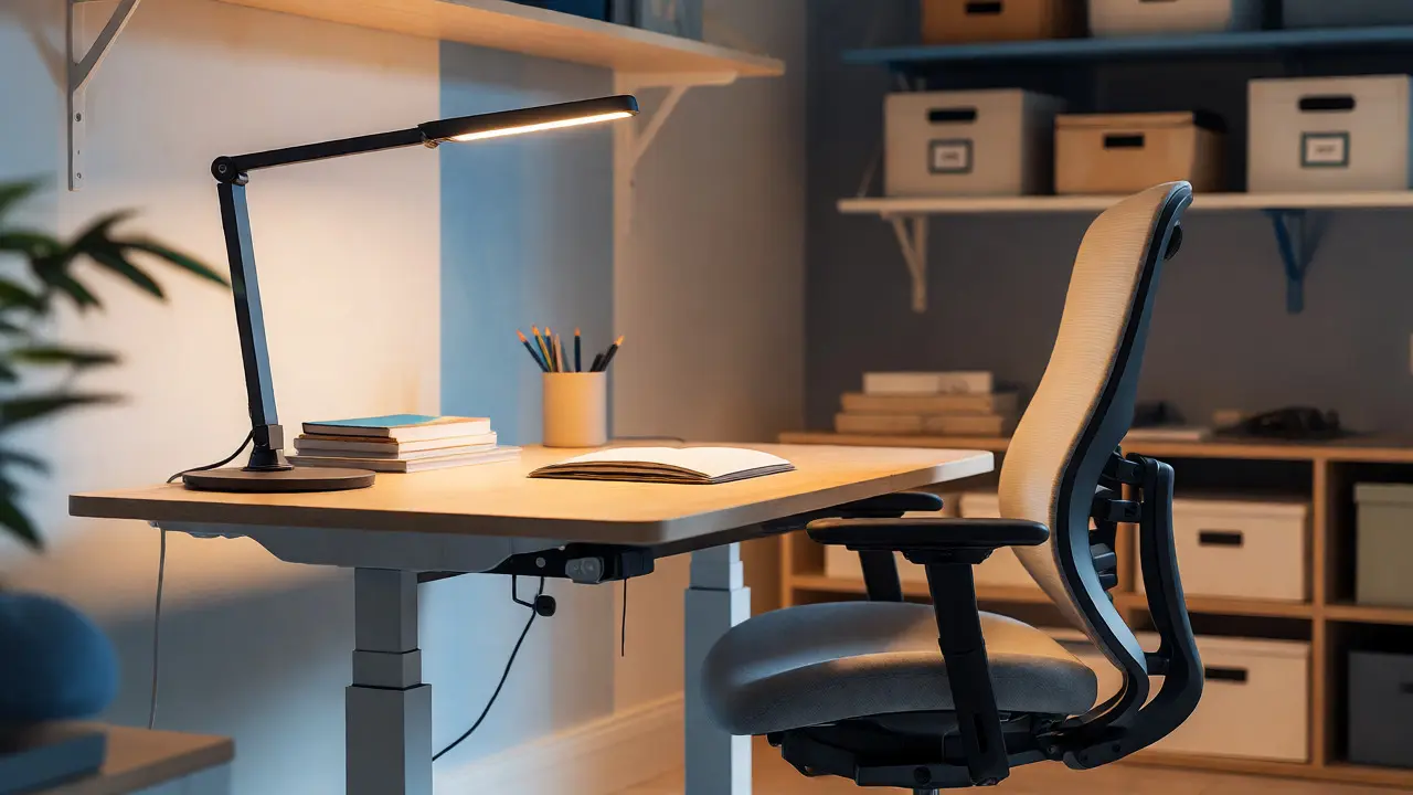 Ergonomický pracovní kout s výškově nastavitelným stolem a správným osvětlením