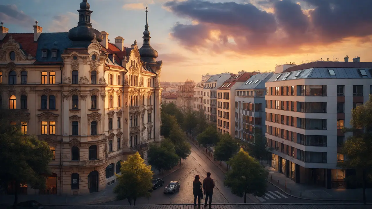 Panoramatický pohled na pražské čtvrti při západu slunce.