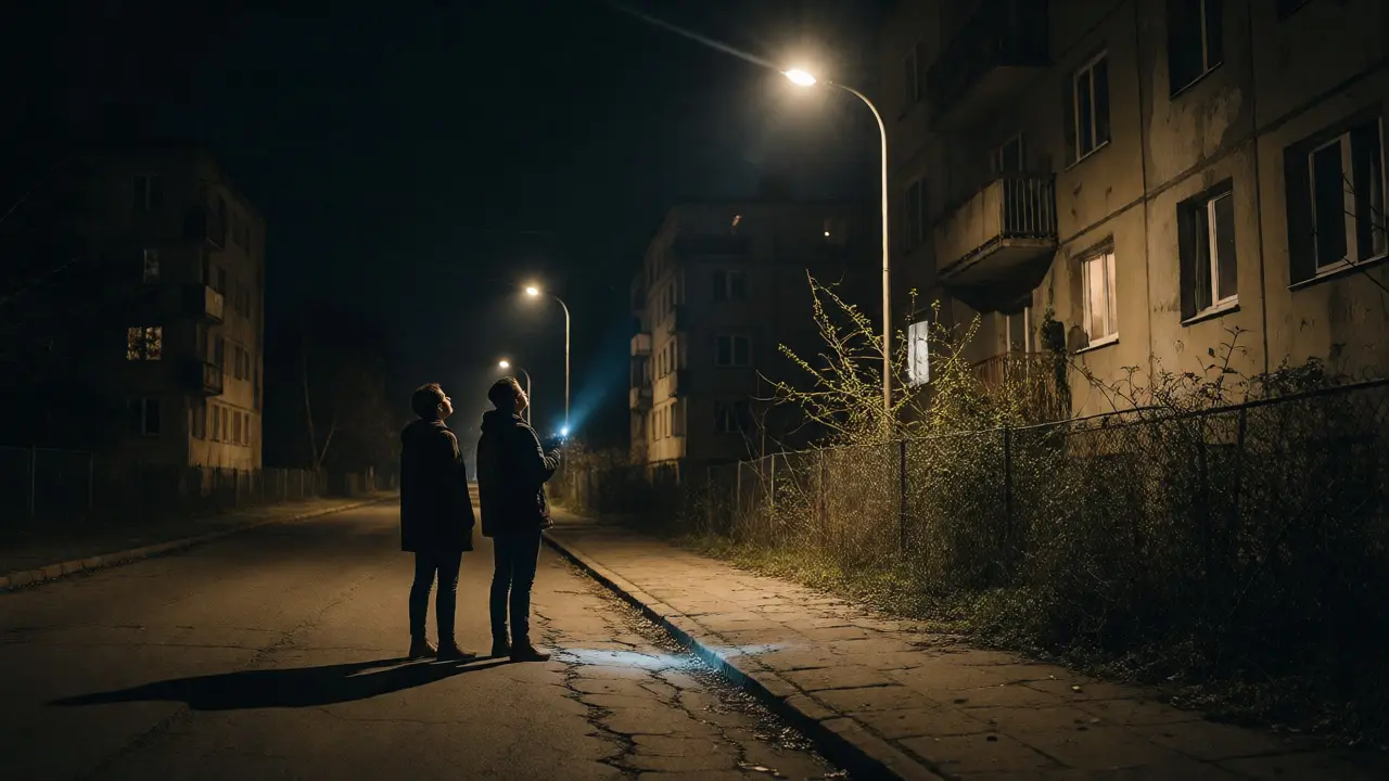 Pár zkoumá osvětlení a stav chodníků v lokalitě večer.