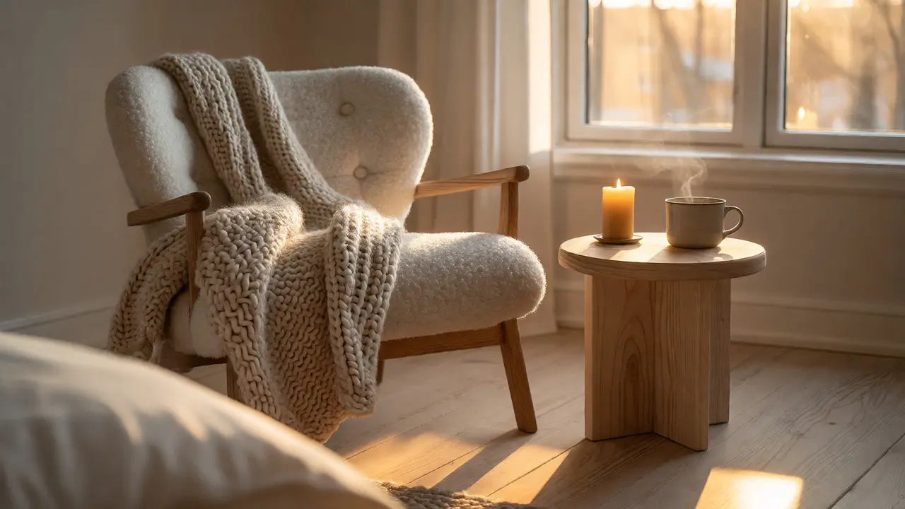 Útulný koutek s hygge atmosférou, svíčkou a měkkými textiliemi