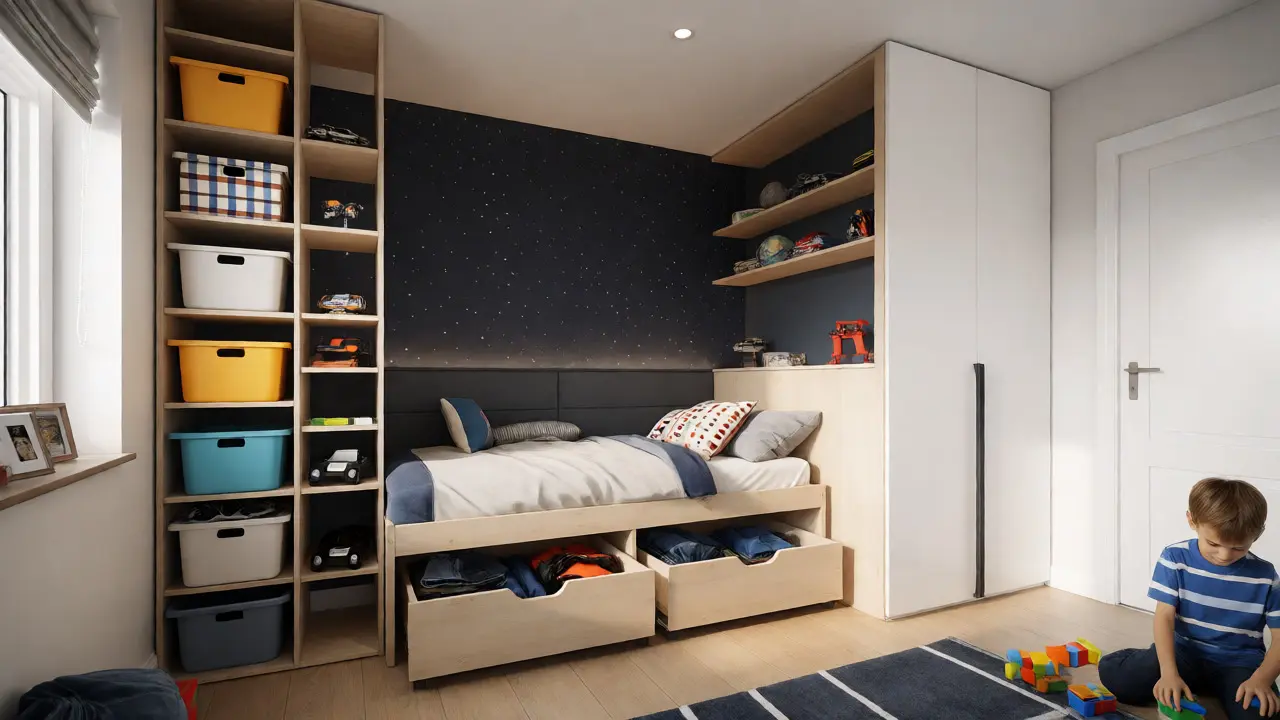 Využití vertikálního prostoru s regály až ke stropu a úložnými boxy